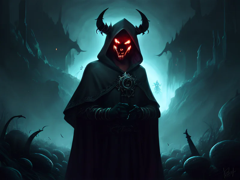 Ghost-touched (Demon:1.35), Shadow Priest, A hood crowned by a softly glowing mushroom, dynamic angle