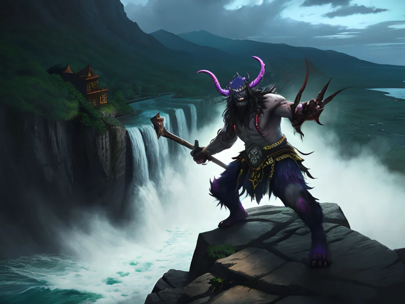 Ascendant (Demon:1.35), Berserker, At the edge of a cliff overlooking a roaring waterfall, full-body shot