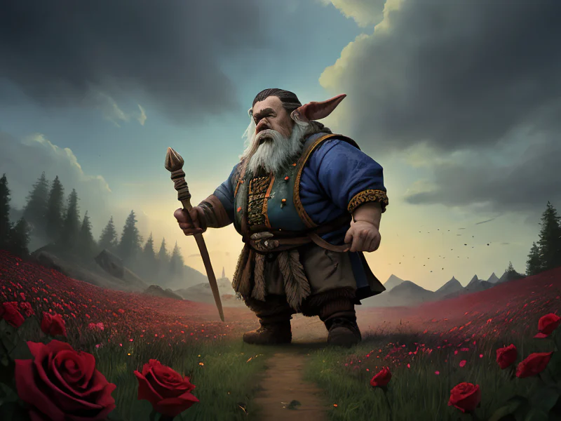 Fearless (Dwarf:1.35), Engineer, Facing undead in withered rose field, three-quarter view