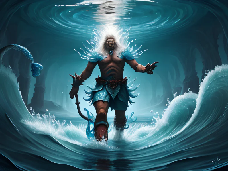 Heroic (Water Elemental:1.35), translucent water body, wave limbs, tide core, foam, Boots that allow them to walk on water, waist-up shot