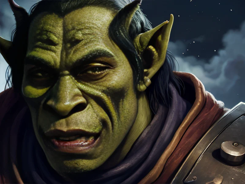 Lightforged (Orc:1.35), Spiritwalker, On a plain beneath a colossal broken ring in the sky, close-up portrait