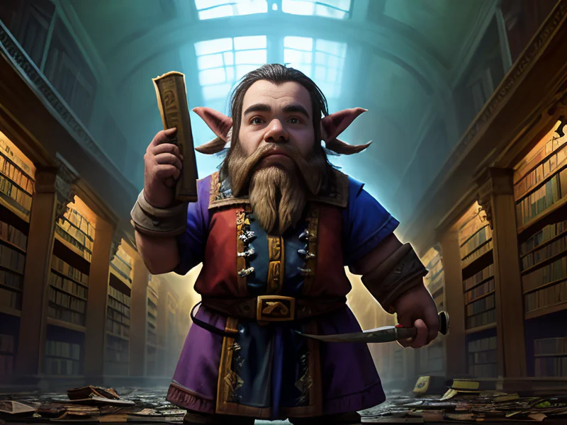 Determined (Dwarf:1.35), Artificer, Holding an open scroll in an abandoned library, dynamic angle