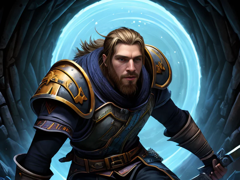 Steel-minded Human male, Caucasian, Assassin, Reaching into a portal to retrieve an ancient weapon, dynamic angle