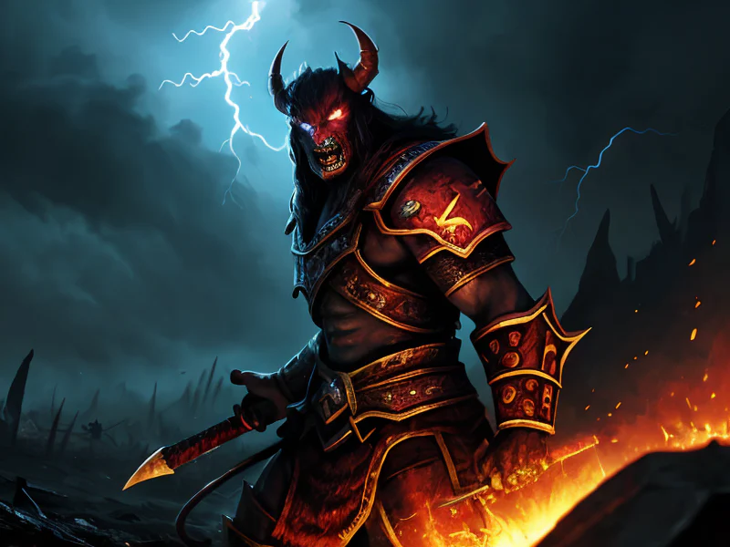 Wise (Demon:1.35), Berserker, On a battlefield scarred by lightning strikes, three-quarter view