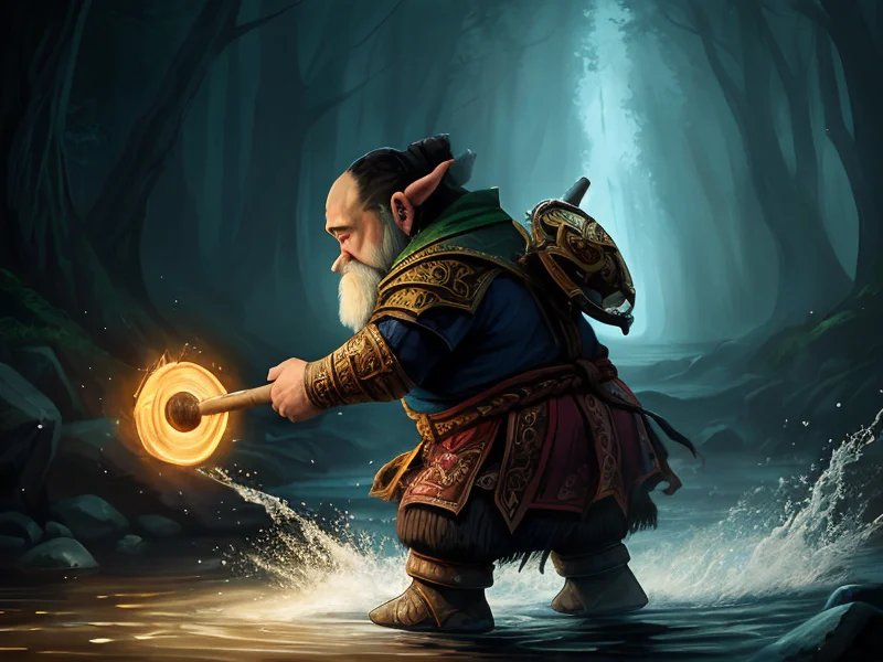 Unholy (Dwarf:1.35), Warrior, A stream of water circling the waist like a belt, three-quarter view, powerful creature