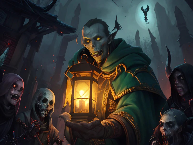 Ascendant (Undead:1.35), Hexblade, Lifting a lantern to reveal invisible runes, dynamic angle, powerful creature
