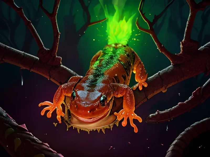 Flame-touched (Salamander:1.35), Crown made of twisted branches, low angle shot