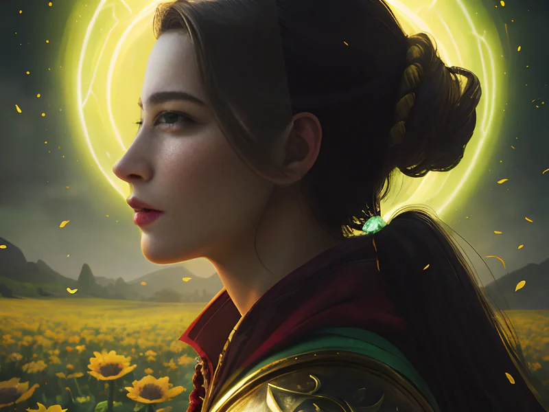 Graveborn Human female, Central Asian, Templar, In a magical flower field, captivated by their glow, three-quarter view