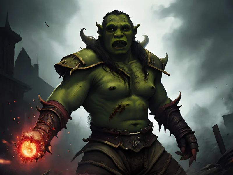 Inquisitive (Orc:1.35), Hunter, Has a bionic eye that scans surroundings, waist-up shot