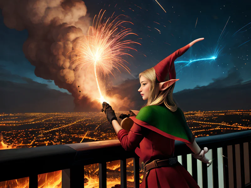 Loyal (Elf:1.35), Witch, On a balcony, overlooking a brightly lit city at night, medium close-up