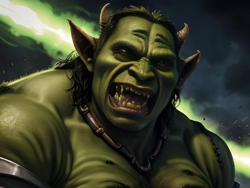 Ancient (Orc:1.35), Gladiator, Wears a blindfold but sees everything, waist-up shot