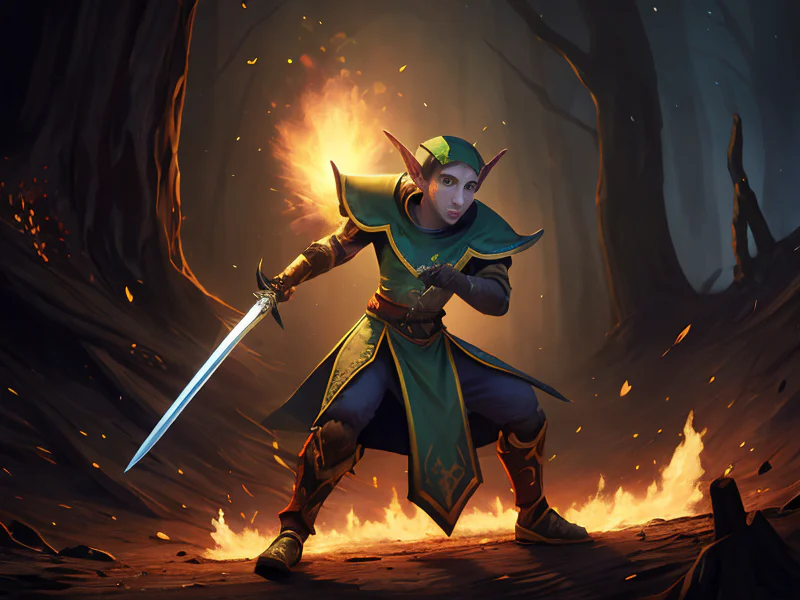 Crystal-eyed (Elf:1.35), Elementalist, A sword with a hollow blade full of drifting embers, three-quarter view