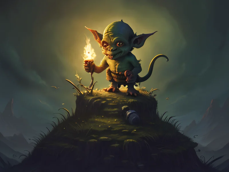 Wise (Goblin:1.35), Pyromancer, On a floating island, low angle shot