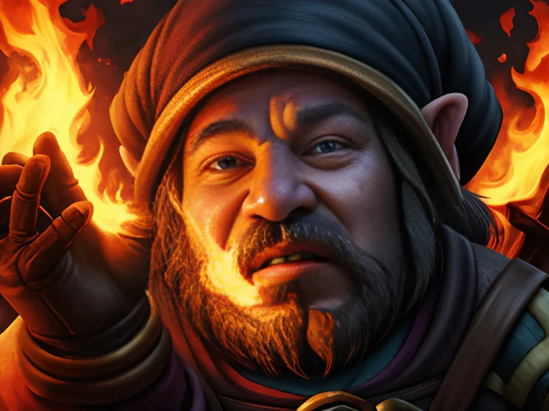 Shadowbound (Dwarf:1.35), Battlemage, Left hand engulfed in flames, medium close-up