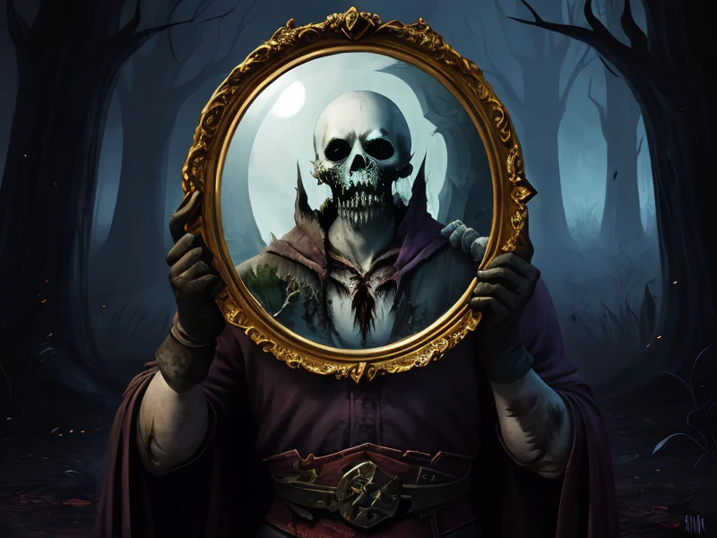 Vicious (Undead:1.35), Gravekeeper, Carries a cursed mirror, waist-up shot