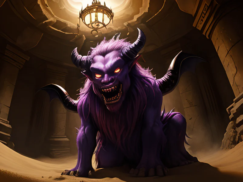 Mystical (Demon:1.35), Illusionist, In a chamber where sand flows across the ceiling, dynamic angle
