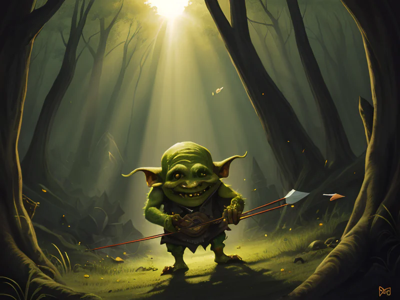 Swift (Goblin:1.35), Ranger, A bow firing arrows made from shards of sunlight, dynamic angle