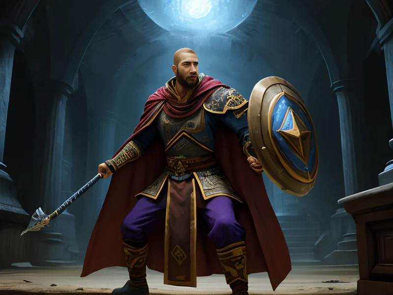 Cursed Human male, Latino, Monk, A cloak with an interior resembling a starless void, waist-up shot