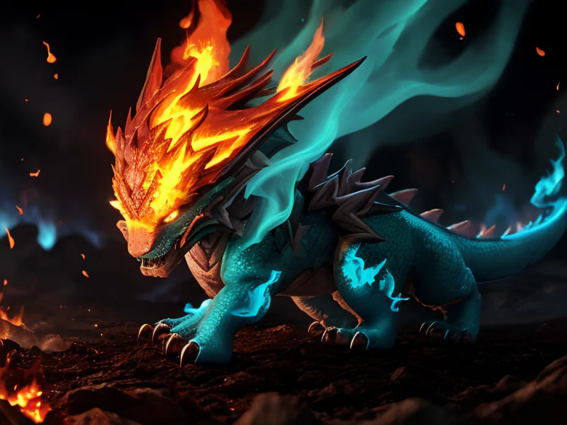 Ghost-touched (Fire Elemental:1.35), living blaze body, molten cracks, ember core, smoke wisps, A plume of green fire curling into dragon shapes, low angle shot, powerful creature