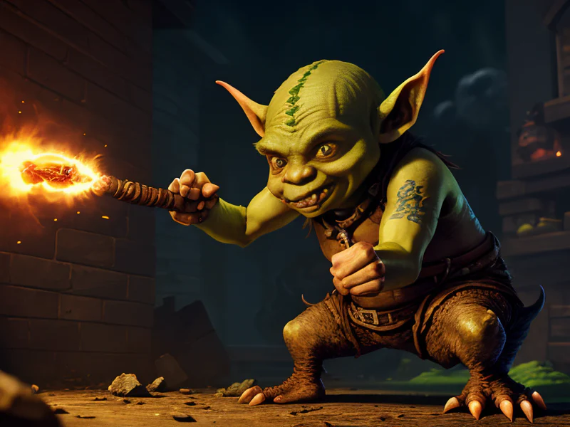 Fearsome (Goblin:1.35), Berserker, Dragon tattoo coiled around the leg, low angle shot, powerful creature