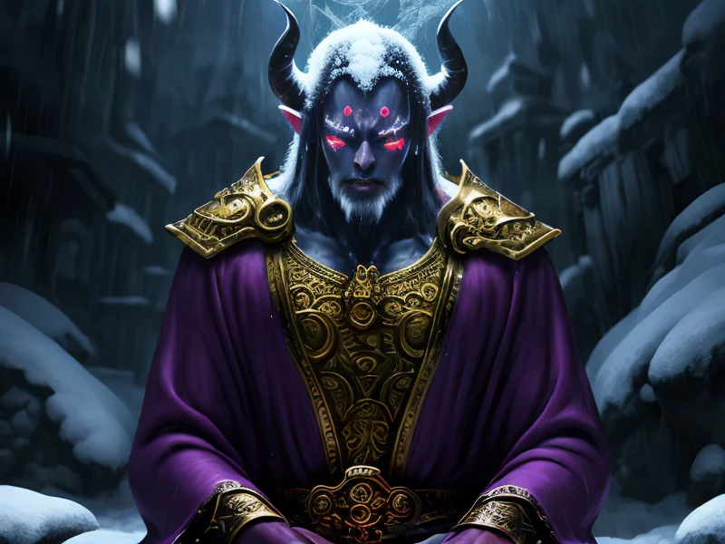 Gold-veined (Demon:1.35), Shadow Priest, Calmly meditating as snow falls around them, waist-up shot