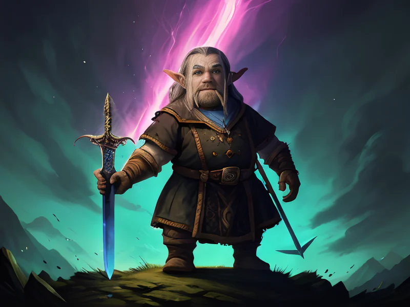 Arcane (Dwarf:1.35), Sentinel, A sword carrying a line of glowing text along its edge, dynamic angle