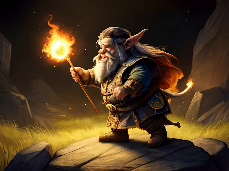 Arrogant (Dwarf:1.35), Inquisitor, Casting fireball from cliff edge, three-quarter view