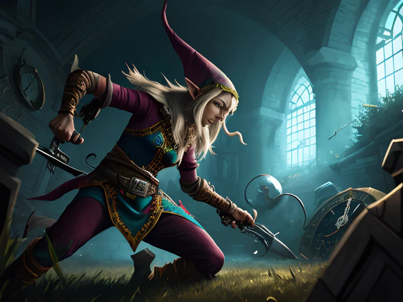 Noble (Elf:1.35), Assassin, A whirl of shattered clock hands and gears, waist-up shot