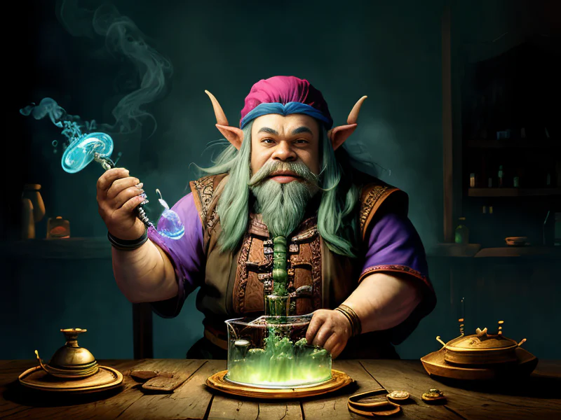 Vengeful (Dwarf:1.35), Geomancer, Pouring a potion onto a blade as vapor rises, waist-up shot