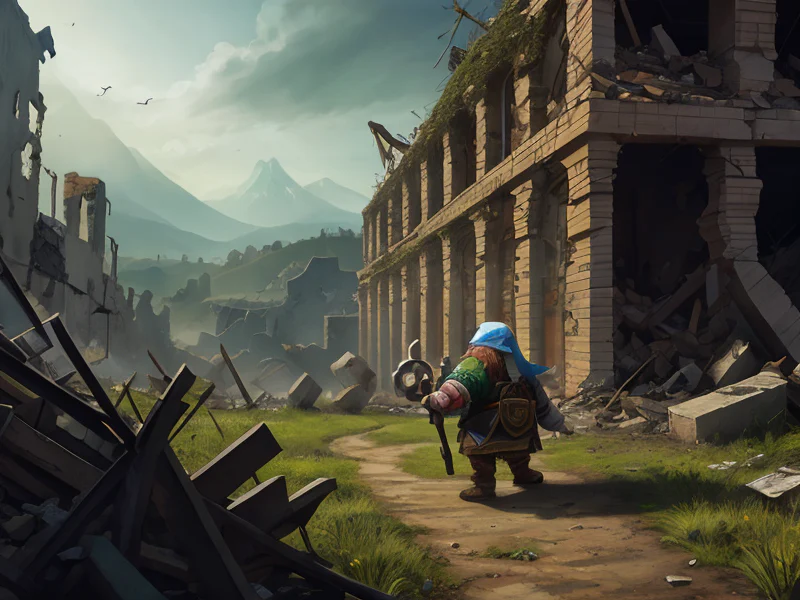Timeworn (Dwarf:1.35), Gladiator, In a field of ruins, searching through the rubble, waist-up shot
