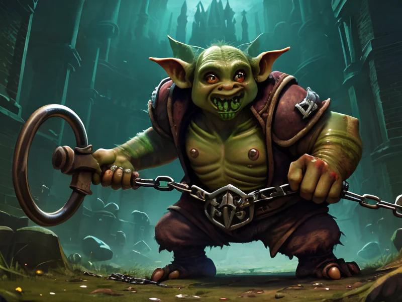 Brave (Goblin:1.35), Sentinel, Chains dangle from the shoulders, three-quarter view