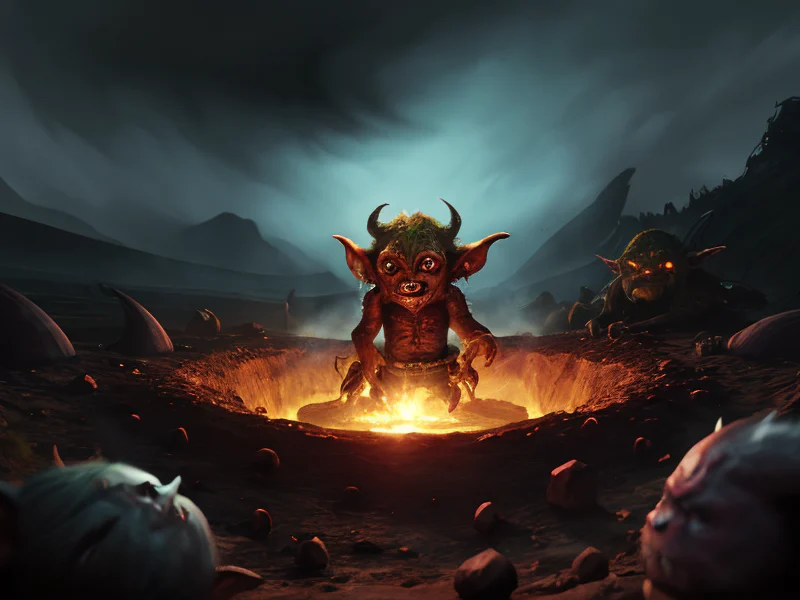 Scarred (Goblin:1.35), Sentinel, At the edge of a crater filled with molten lava, low angle shot