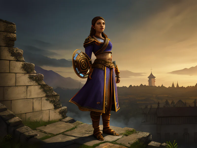 Flameforged Human female, Latino, Monk, On a crumbling fortress wall, full-body shot