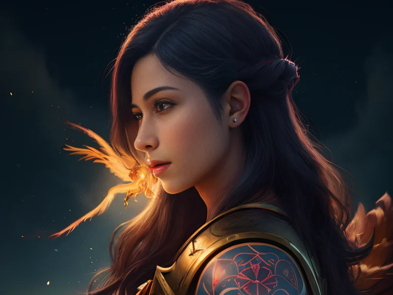 Deceptive Human female, Latino, Paladin, Tattoo of a phoenix that moves across the skin, three-quarter view