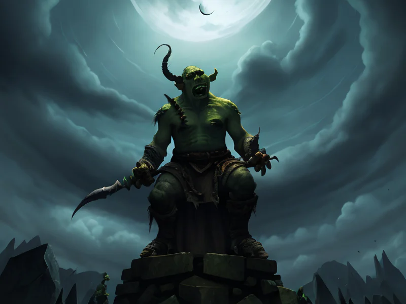 Rabid (Orc:1.35), Witch, Atop a colossal stone statue, dynamic angle