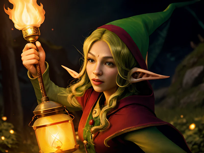 Fierce (Elf:1.35), Monk, Carries a lantern filled with swirling green flame, three-quarter view