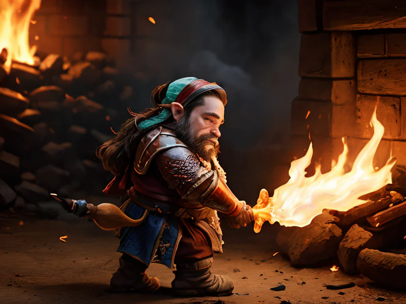 Flame-touched (Dwarf:1.35), Paladin, Cheeks marked by scales of mother-of-pearl, low angle shot