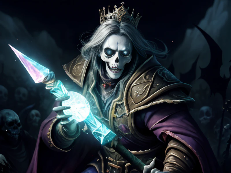 Thunder-marked (Undead:1.35), Summoner, Carries a staff crowned with a glowing crystal, medium close-up, very powerful creature