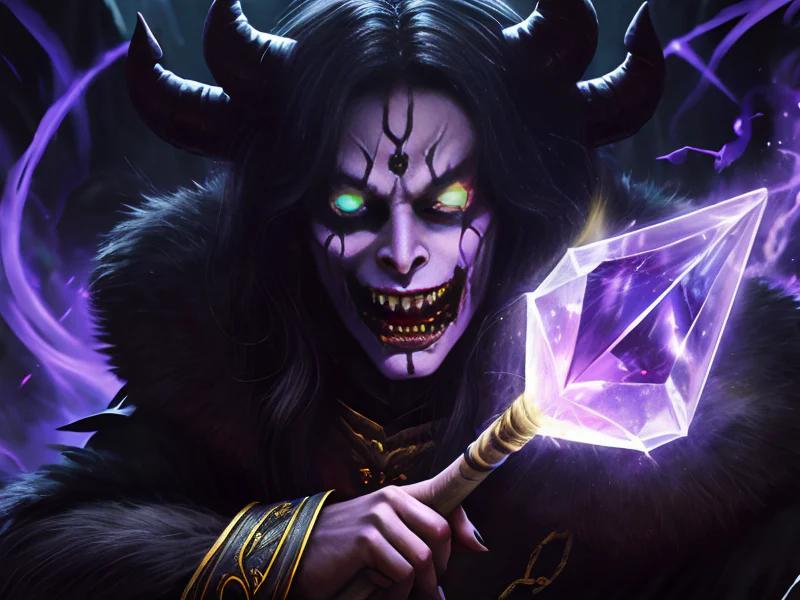 Fallen (Demon:1.35), Berserker, Carries a staff crowned with a glowing crystal, close-up portrait, powerful creature