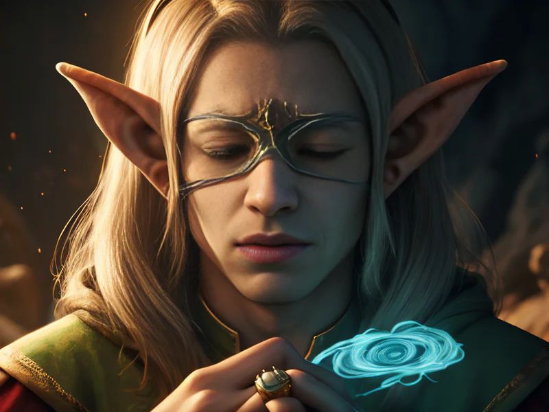 Stonebound (Elf:1.35), Enchanter, Wears a blindfold but sees everything, close-up portrait, powerful creature
