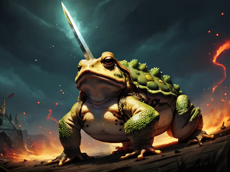 Unyielding (Giant Toad:1.35), Wields a sword made of pure crystal, three-quarter view, powerful creature