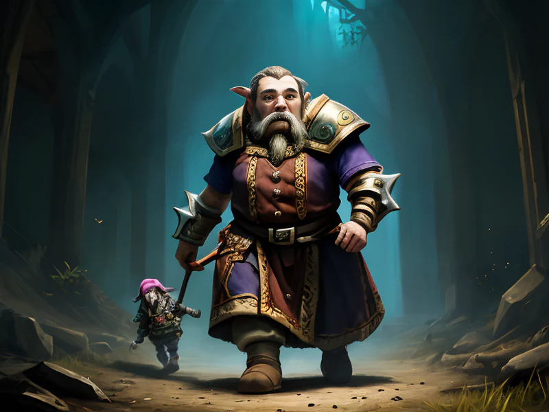 Steel-minded (Dwarf:1.35), Sentinel, Walking forward while armor assembles around them, full-body shot, powerful creature