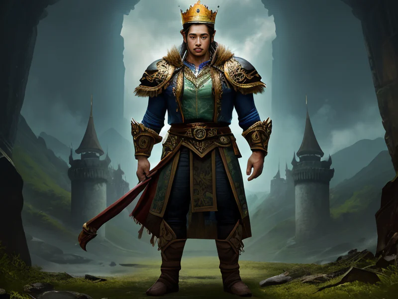 Hot-headed Human male, Southeast Asian, Ranger, A crown resembling a miniature ruined castle, full-body shot, powerful creature