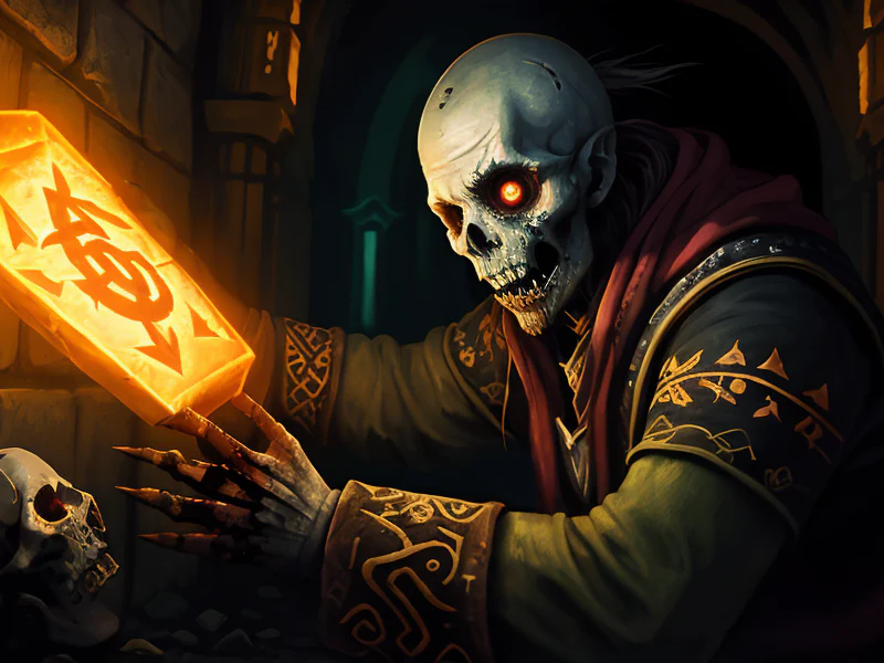 Tenacious (Undead:1.35), Summoner, Inside a temple with walls covered in glowing runes, dynamic angle