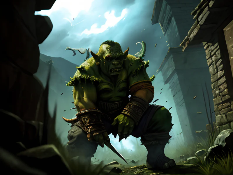 Corrupted (Orc:1.35), Warrior, Arms crossed, leaning against a stone wall, dynamic angle