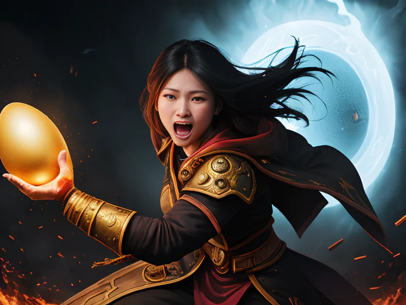 Void-touched Human female, East Asian, Duelist, Eyes like molten gold, three-quarter view