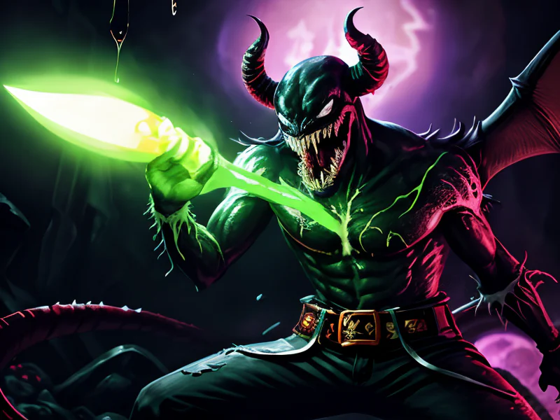 Rabid (Demon:1.35), Blood Mage, Belt of colorful potions worn, low angle shot