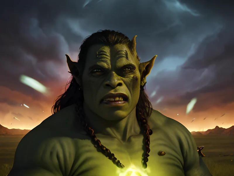 Fearsome (Orc:1.35), Warrior, On a plateau surrounded by roaring tornadoes, three-quarter view