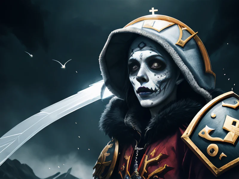Unpredictable (Undead:1.35), Hexblade, A face painted with vertical streaks of silver, dynamic angle