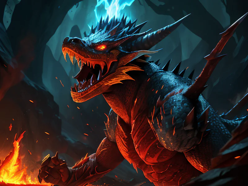 Unforgiving (Fire Elemental:1.35), living blaze body, molten cracks, ember core, smoke wisps, At the mouth of a dragon's cave, heat shimmering in the air, dynamic angle